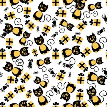Seamless Pattern with Cat, Spider and Gift Box.  스톡 일러스트