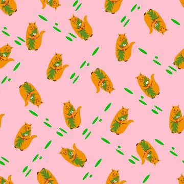 Seamless pattern cat with a tree and a gift.With green dots. Stock Illustration