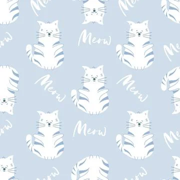 Seamless pattern Cat with word Meow on lilac background. Child backdrop. Kids Illustrazione stock