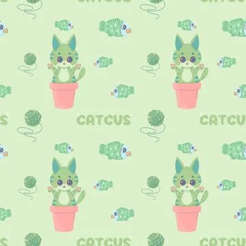 Seamless pattern catcus cactus cat, cartoon cute, vector illustration for f.. Stock Illustration