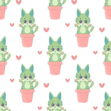 Seamless pattern catcus cactus cat, cartoon cute, vector illustration for f.. Stockillustratie