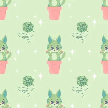 Seamless pattern catcus cactus cat, cartoon cute, vector illustration for f.. Stock Illustration
