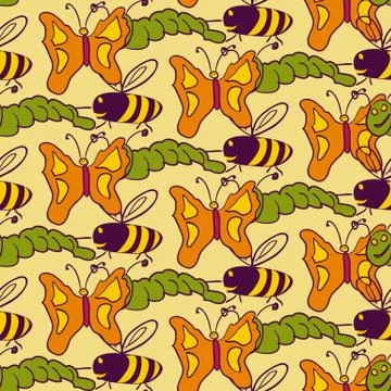 Seamless pattern of caterpillars, bees and butterflies Stock Illustration
