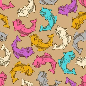 Seamless pattern with catfish hybrid creatures. Funny fantasy animal design.. Stock Illustration
