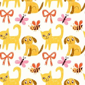 Seamless pattern with cats and dogs drawn in a children's drawing style Illustrazione stock