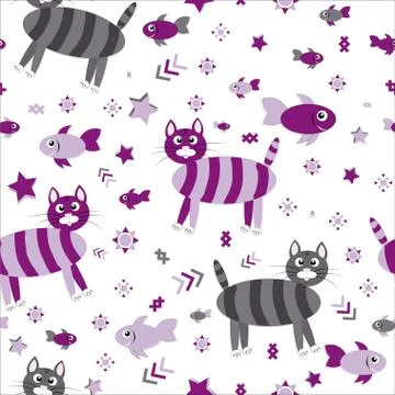 Seamless pattern with cats and fish, vector illustration Illustrazione stock