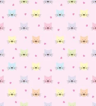 Seamless pattern with cats and hearts.  Cartoon cats background. Good for  wa Stock Illustration