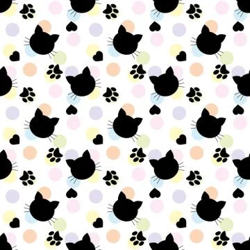 Seamless pattern with cats and hearts.  Cartoon cats background. Good for  wa Stock Illustration