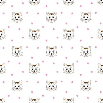 Seamless pattern with cats and hearts.  Cartoon cats background. Good for  wa Stock Illustration