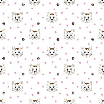 Seamless pattern with cats and hearts.  Cartoon cats background. Good for  wa Stock Illustration