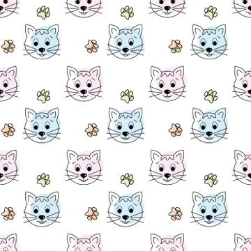 Seamless pattern with cats and hearts.  Cartoon cats background. Good for  wa Stock Illustration