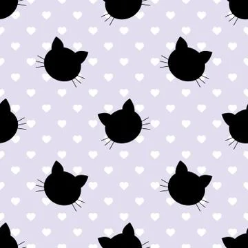Seamless pattern with cats and hearts.  Cartoon cats background. Good for  wa Stock Illustration