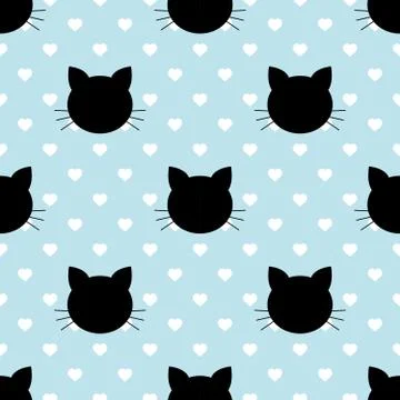 Seamless pattern with cats and hearts.  Cartoon cats background. Good for  wa Stock Illustration