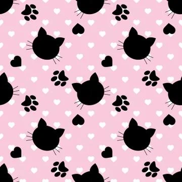 Seamless pattern with cats and hearts.  Cartoon cats background. Good for  wa Stock Illustration