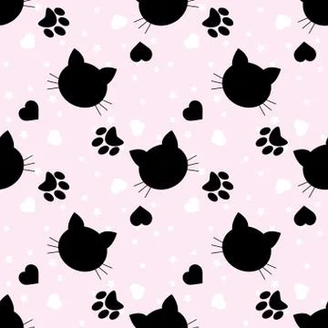 Seamless pattern with cats and hearts.  Cartoon cats background. Good for  wa Stock Illustration