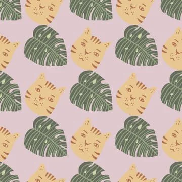 Seamless pattern with cats and monstera leafs. Pastel tones artwork. Light pu 스톡 일러스트