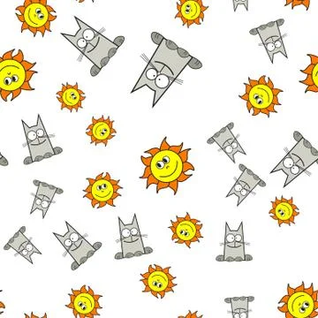 Seamless pattern of cats and suns in cartoon style Stock Illustration