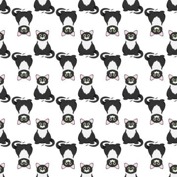 Seamless pattern with cats in cartoon style. Black cats isolated on white bac Stock Illustration
