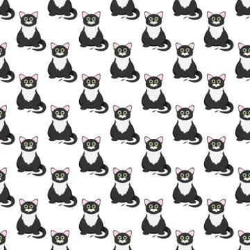 Seamless pattern with cats in cartoon style. Black cats isolated on backgroun Stock Illustration