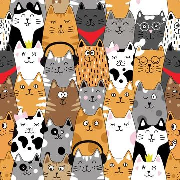 Seamless pattern with cats. Cute cat set. Funny cartoon animal characters. Stock Illustration