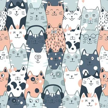 Seamless pattern with cats. Cute cat set. Funny cartoon animal characters. Stock Illustration