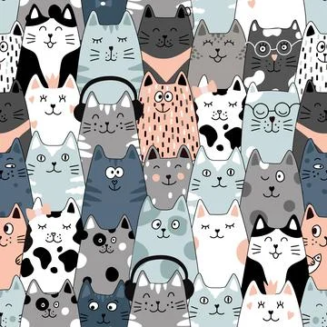 Seamless pattern with cats. Cute cat set. Funny cartoon animal characters. Stock Illustration