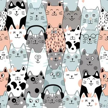 Seamless pattern with cats. Cute cat set. Funny cartoon animal characters. Illustrazione stock