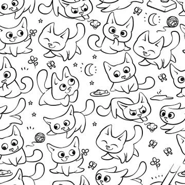 Seamless pattern cats different emotions and situations. Vector humor black Stock Illustration