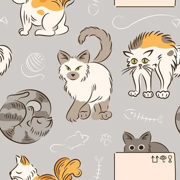 Seamless pattern of cats in different poses in sketch style. Fat cute cat Stock Illustration