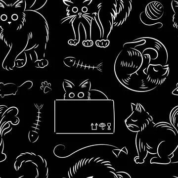 Seamless pattern of cats in different poses in sketch style. Fat cute cat Stock Illustration