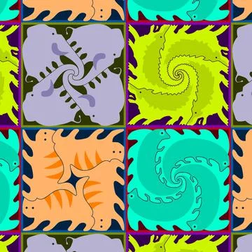 Seamless pattern with cats, dogs, elephants and iguanas in colorful squares. Stock Illustration