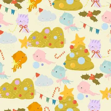 Seamless Pattern with Cats dropped the Christmas Tree Stock Illustration