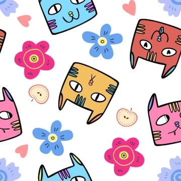 Seamless pattern of cats faces with different emotions. Stock Illustration