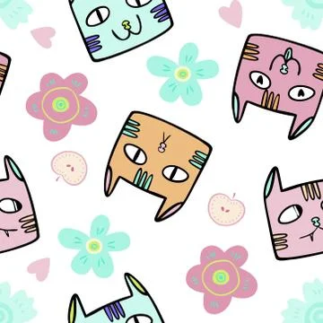 Seamless pattern of cats faces with different emotions pastel colors. Stock Illustration