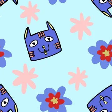 Seamless pattern of cats faces with different emotions. Blue background. Stock Illustration
