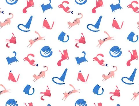 Seamless pattern with cats, hand-drawn. Vector print with animals for textiles Stock Illustration