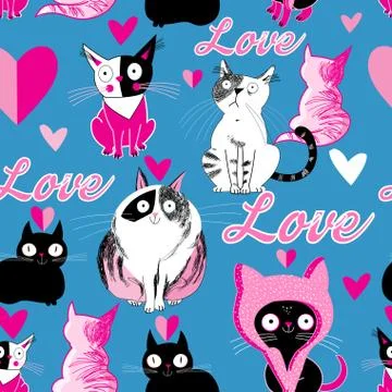 Seamless pattern cats in love Stock Illustration