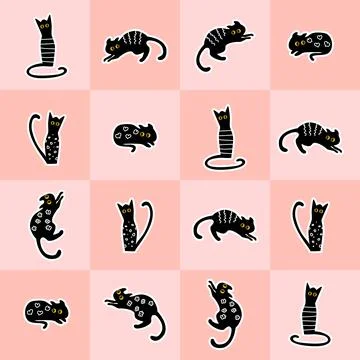 Seamless pattern of cats stickers on a pink checkerboard background. Vector Stock Illustration