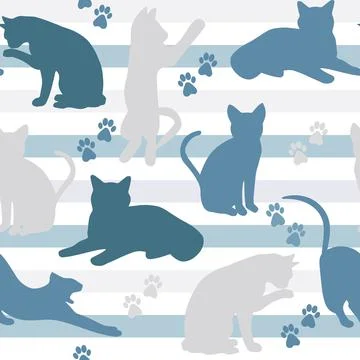 Seamless pattern with cats vector. Cats in different poses, repeating pattern. Иллюстрация