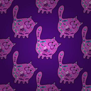 Seamless pattern cats. Vector. Sketch, doodle, scribble. Tracery on black, purpl 스톡 일러스트