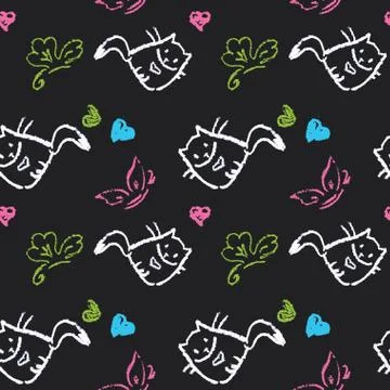Seamless pattern with cats,hearts,butterfly on black. 스톡 일러스트
