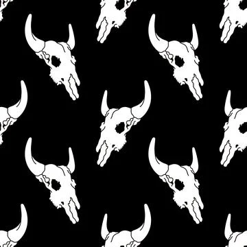 Seamless pattern cattle bull buffalo skull vintage wild west background design Stock Illustration