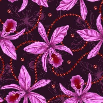 Seamless pattern with Cattleya Orchid flower, string of red beads Stock Illustration