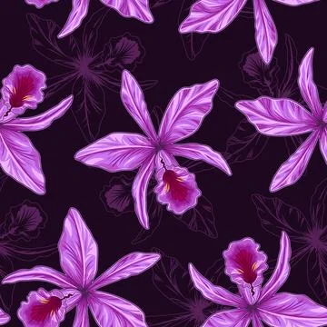 Seamless pattern with Cattleya Orchid flower on dark background Stock Illustration