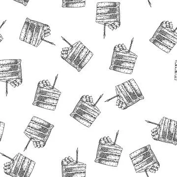 Seamless pattern celebration birthday cake piece sketch hand drawn Stock Illustration