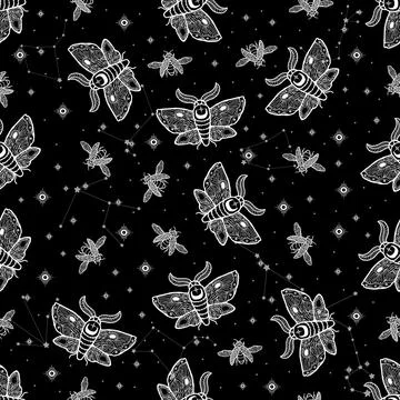 Seamless pattern celestial moth insect abstract symbol space.Astrology Stock Illustration