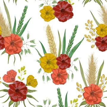 Seamless pattern with cereals. Barley, wheat, rye, rice,oat and poppy Stock Illustration