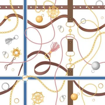 Seamless pattern with chains, rings and jewelry golden accessories vector Stock Illustration