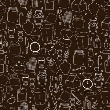 Seamless pattern with Chalk cooking tools kitchenware and dishes, pot holder and Stockillustratie