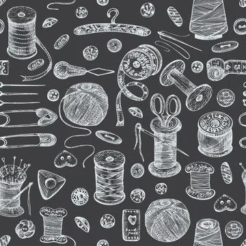 Seamless pattern with chalk hand-drawn vintage sewing tools Stock Illustration